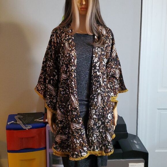 Panache Dixie Kimono Paisley Printed Black & Mustard Fringe on Edges OSFA - Picture 4 of 10